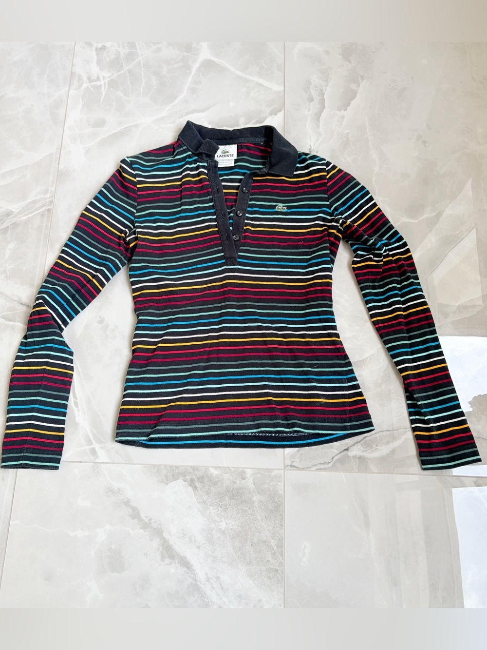 Lacoste Y2K Multi Color Striped Long Sleeve Polo Pink Brown 34 XS Made in France